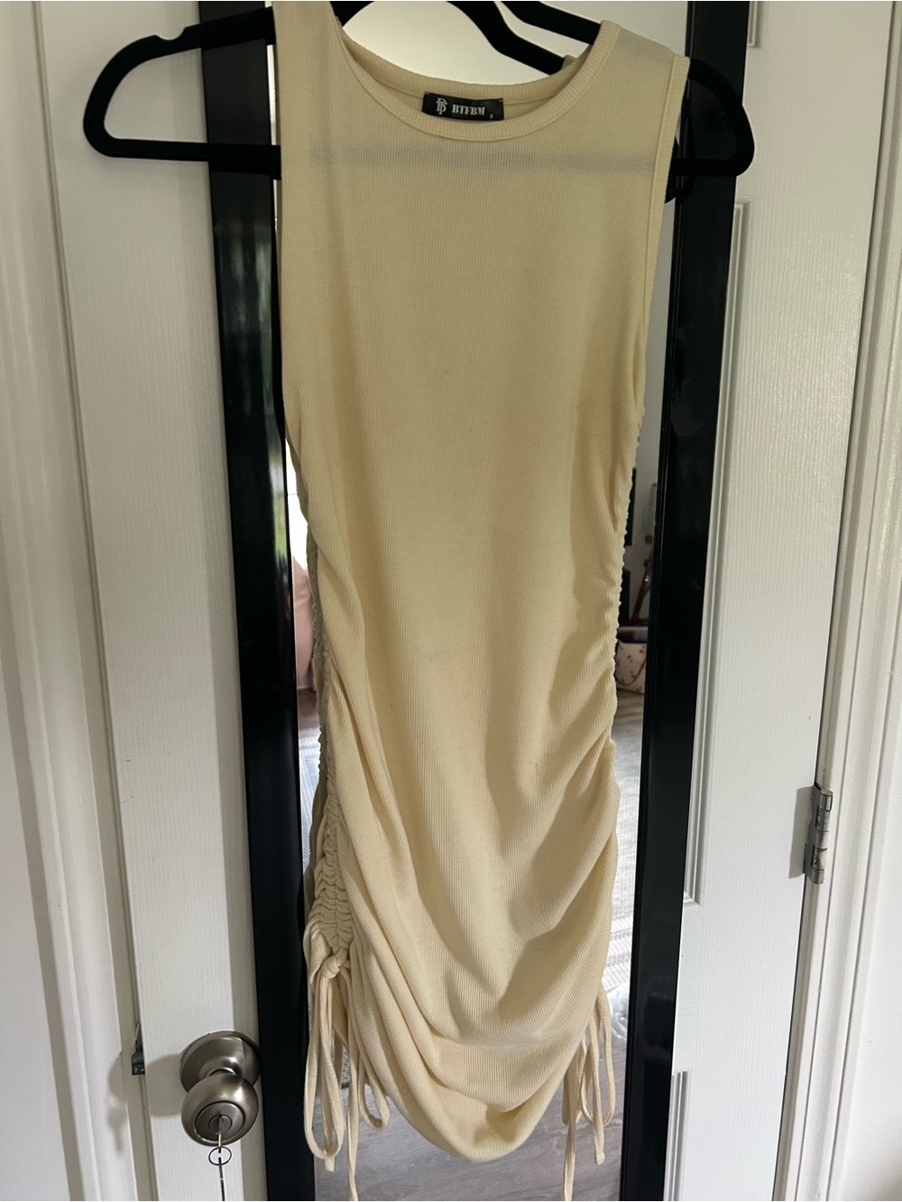 Cream Ruched Side Tie Mini Dress